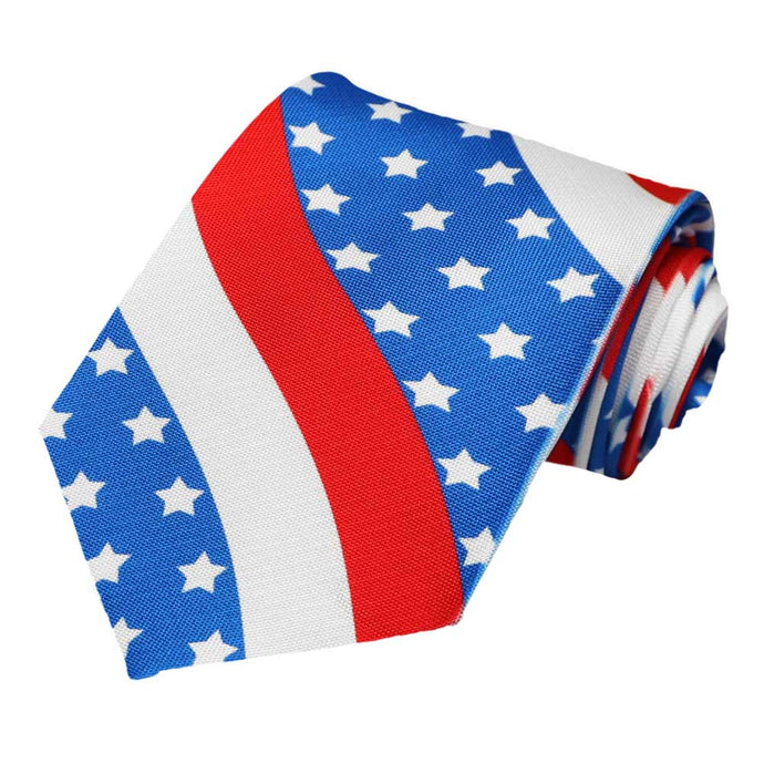 Red, white and blue wavy American flag with stars and stripes on a tie.