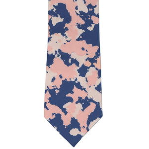 Front view wedding camo pattern tie in blues and dusty pinks