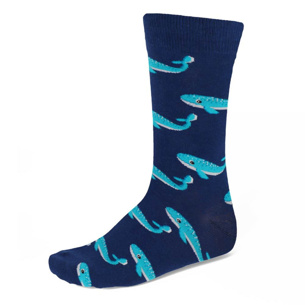 Men's whale theme socks on dark blue background