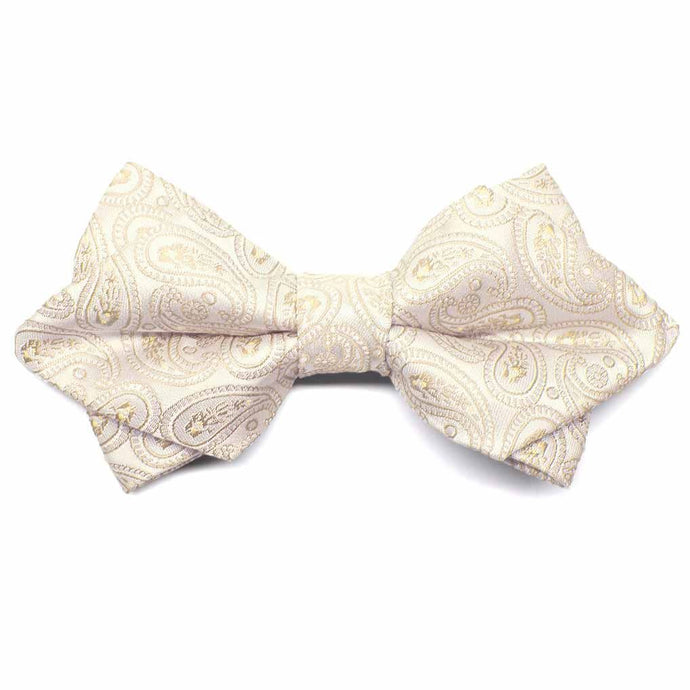 Off-white paisley diamond tip bow tie, close up front view