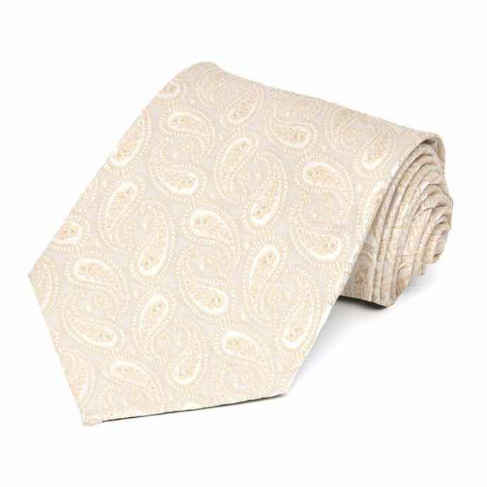 Rolled view of an off-white paisley extra long necktie