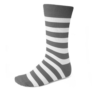 A gray and white striped crew sock