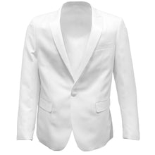Load image into Gallery viewer, The front of an all-white dinner jacket with a peaked collar