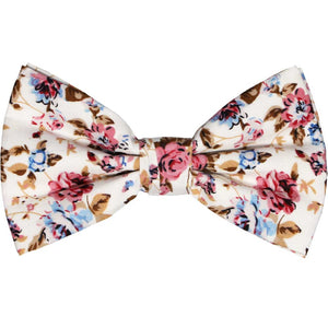 White, pink and blue floral pattern pre-tied bow tie
