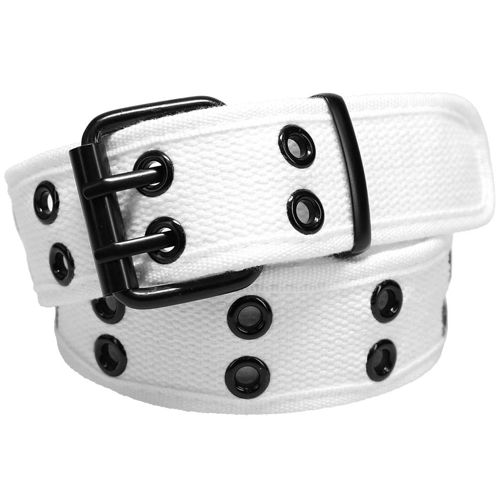 Coiled white double grommet belt with black hardware