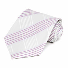 Load image into Gallery viewer, White and light purple plaid extra long necktie, rolled to show pattern up close