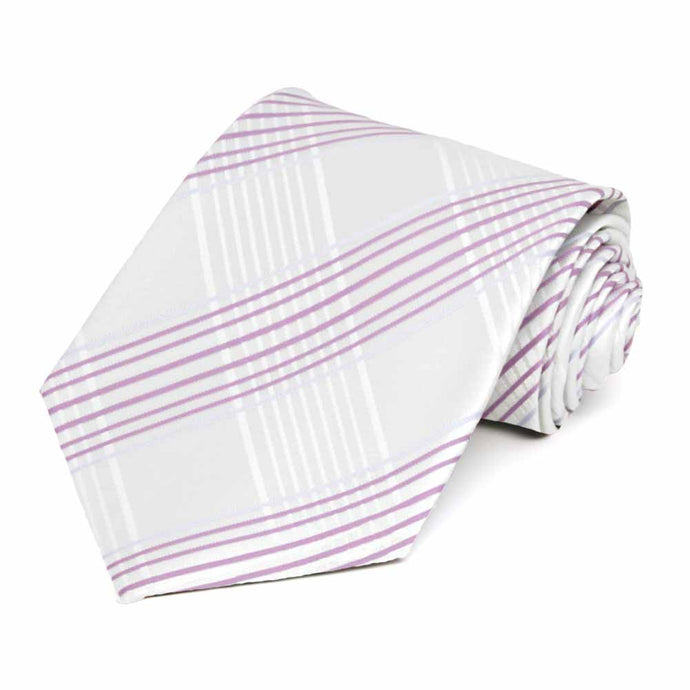 Rolled view of a white and light purple plaid necktie