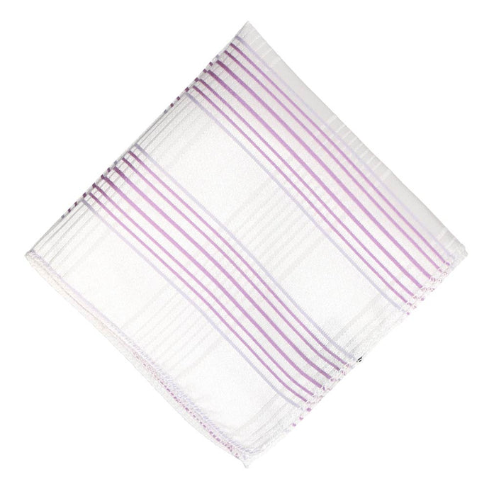 Flat front view of a white and light purple plaid pocket square