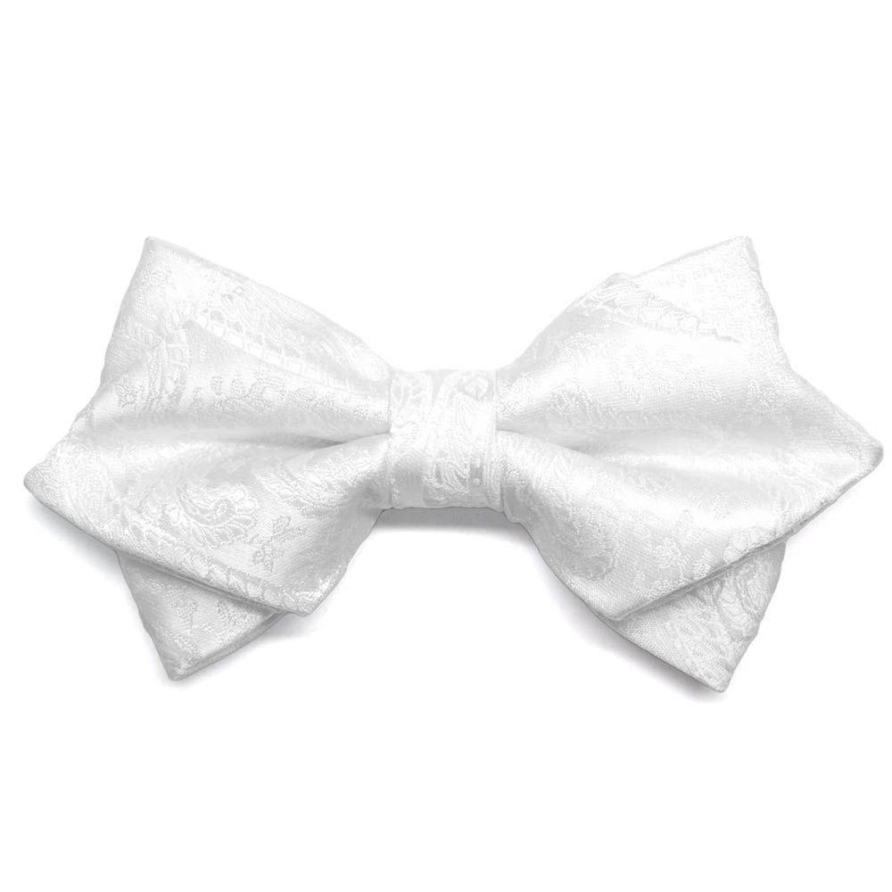 White paisley diamond tip bow tie, close up front view