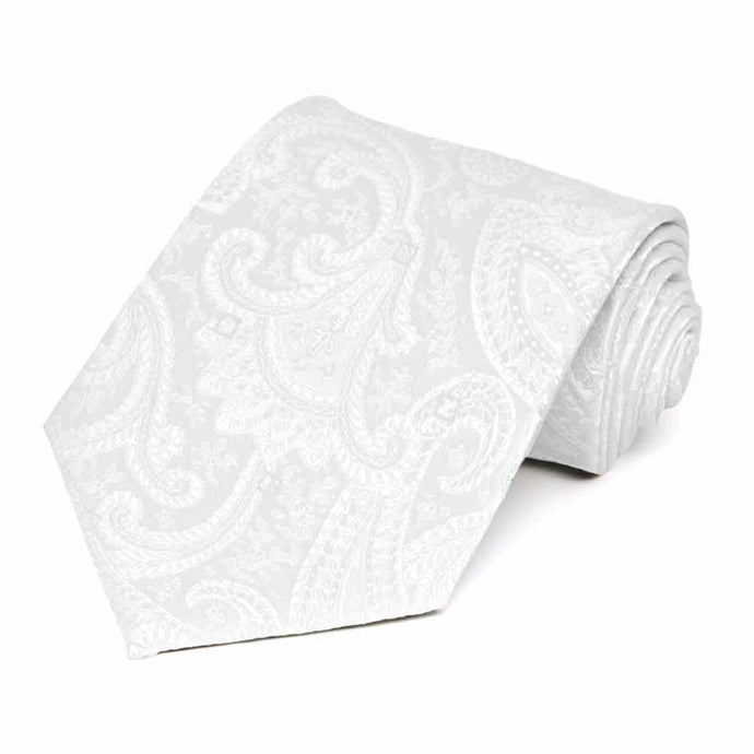 White paisley extra long necktie, rolled view