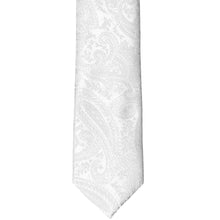 Load image into Gallery viewer, The front tip of a white paisley slim tie