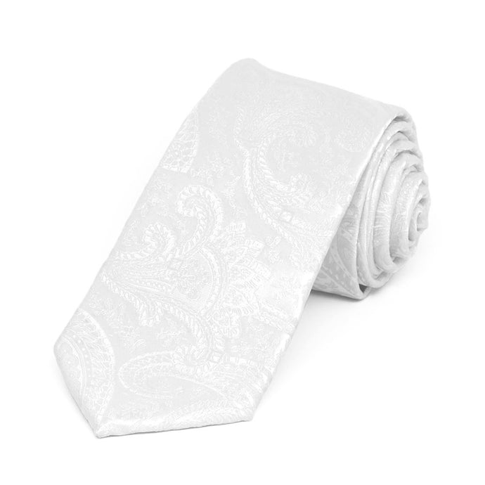 White paisley slim necktie, rolled view