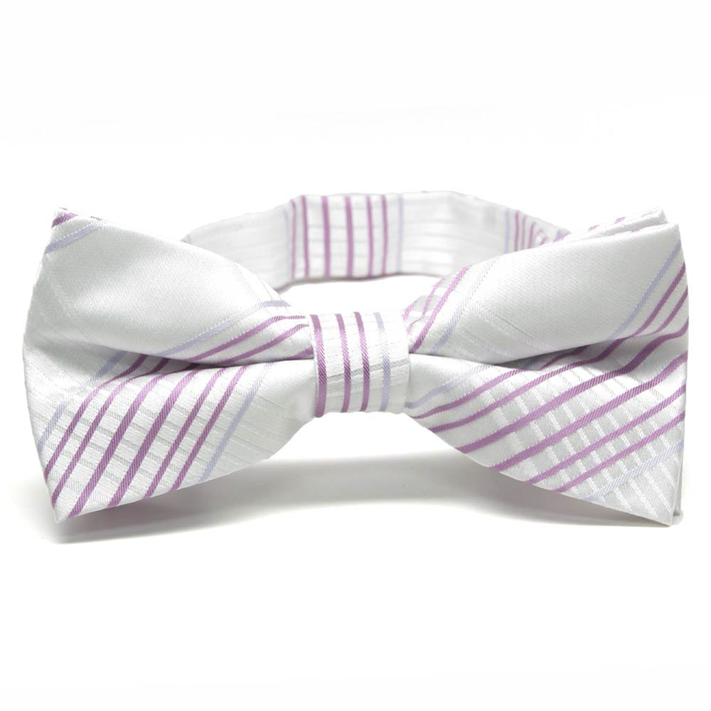 White and light purple plaid bow tie, close up front view