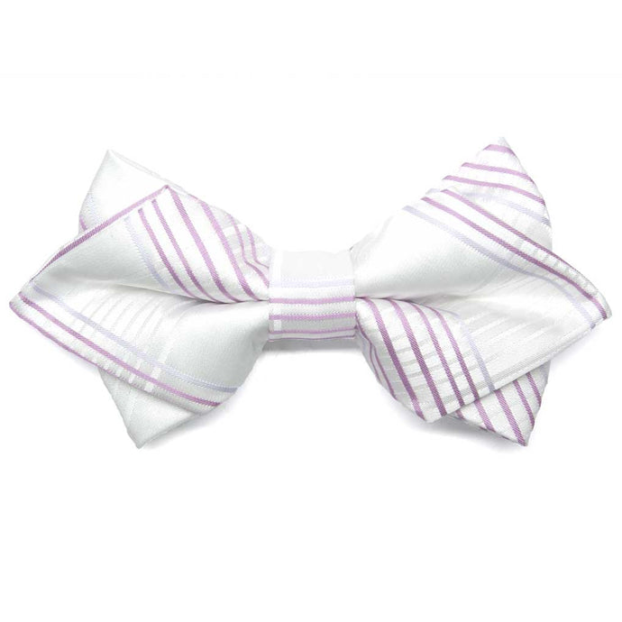 White and light purple plaid diamond tip bow tie, close up front view