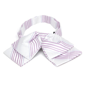 Front view of a white and light purple plaid floppy bow tie