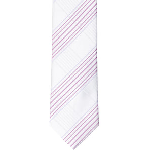 The front bottom view of a white plaid slim tie