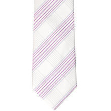 Load image into Gallery viewer, Flat front view of a white and light purple plaid necktie
