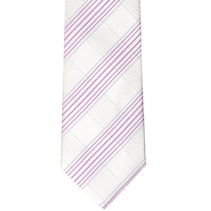 Flat front view of a white and light purple plaid necktie