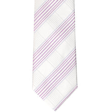 Load image into Gallery viewer, Flat front view of a white and light purple plaid extra long necktie