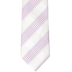 Flat front view of a white and light purple plaid extra long necktie