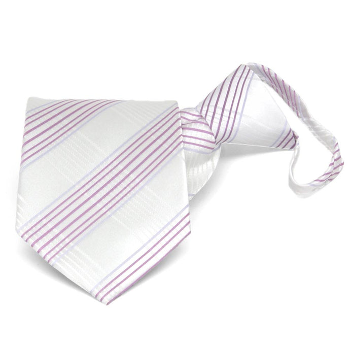 Folded front view of a white and light purple plaid zipper tie