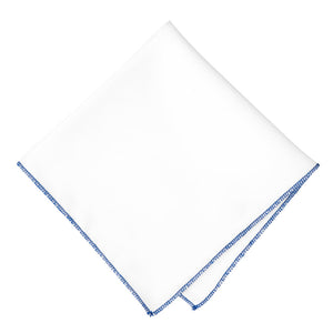 White pocket square with blue tipping along edges