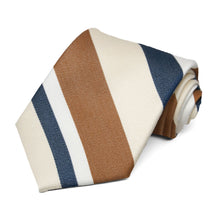 Load image into Gallery viewer, Tan, white and blue thick striped necktie rolled to show texture