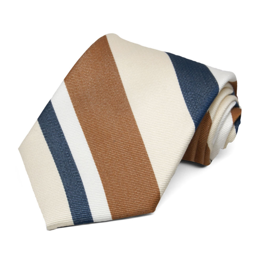 Tan, white and blue thick striped necktie rolled to show texture