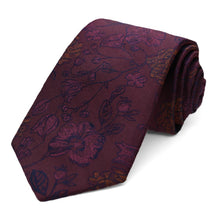 Load image into Gallery viewer, A wine colored floral tie, rolled to show texture and pattern up close
