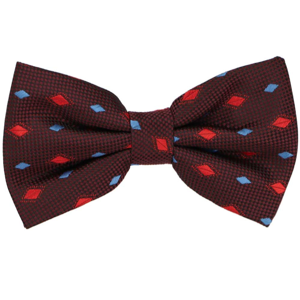 Dark burgundy bow tie with small red and blue diamond shapes, close up view to show woven texture of fabric