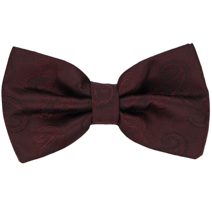 Dark burgundy pre-tied bow tie with woven paisley pattern, front view