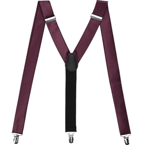 Wine colored fabric suspenders, displayed in an M to show off the clips and Y-back design