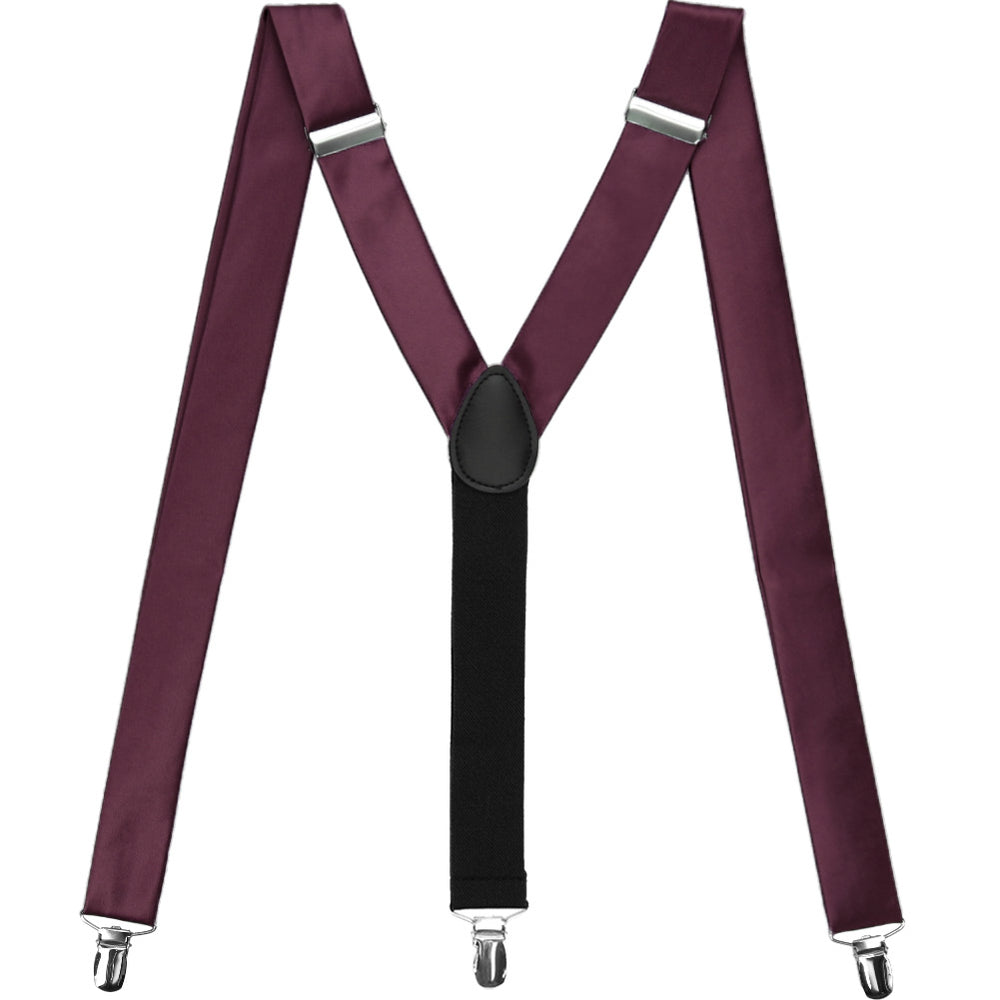 Wine colored fabric suspenders, displayed in an M to show off the clips and Y-back design