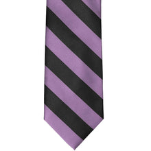 Load image into Gallery viewer, Front flat view of a wisteria purple and black striped tie