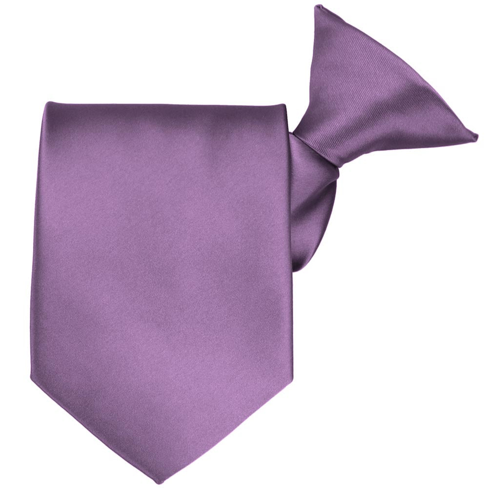 A wisteria purple clip-on tie, folded to show off the knot and tie tip