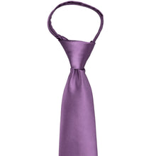 Load image into Gallery viewer, Knot and front of a wisteria purple zipper tie