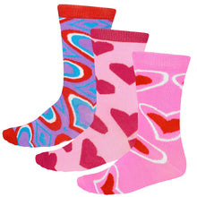 Load image into Gallery viewer, 3 pairs of women&#39;s pink, red and purple socks in assorted heart patterns