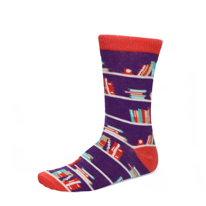 Women's bookshelf novelty design socks in purple and light red