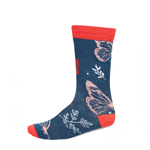 Women's butterfly design crew socks in blue, coral and pink