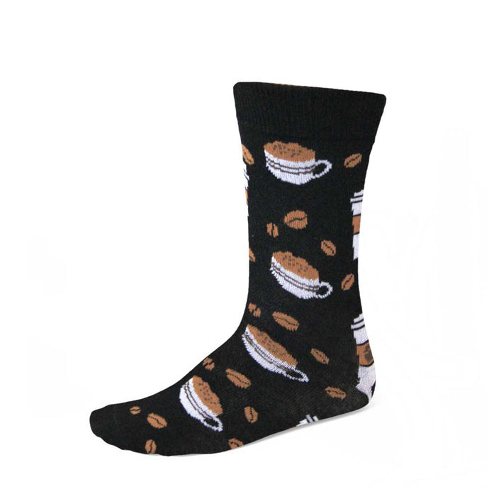 Women's coffee in a cup and beans theme socks on black background 