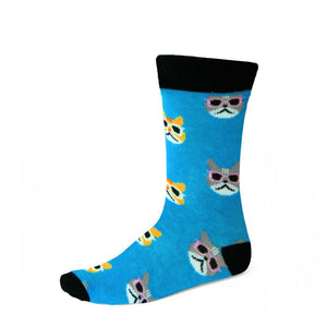 Women's cool cat theme socks on blue background