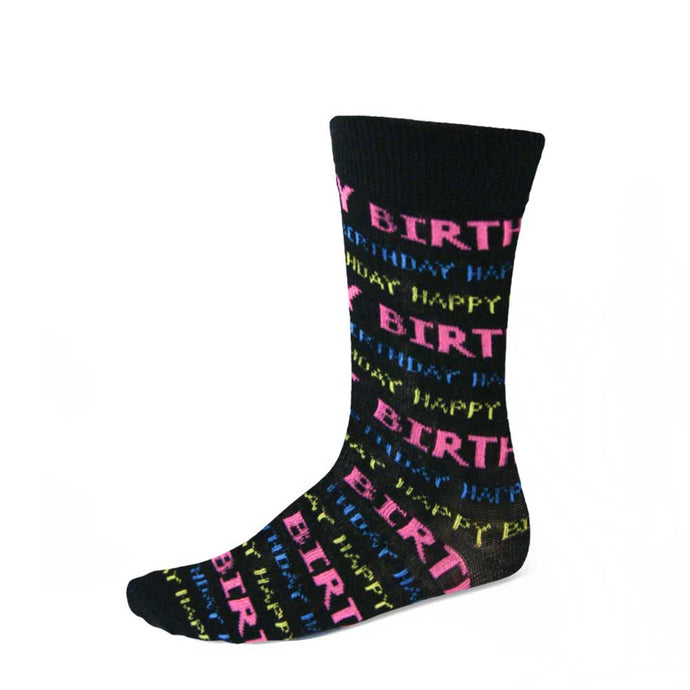 Women's colorful happy birthday written theme socks on black background