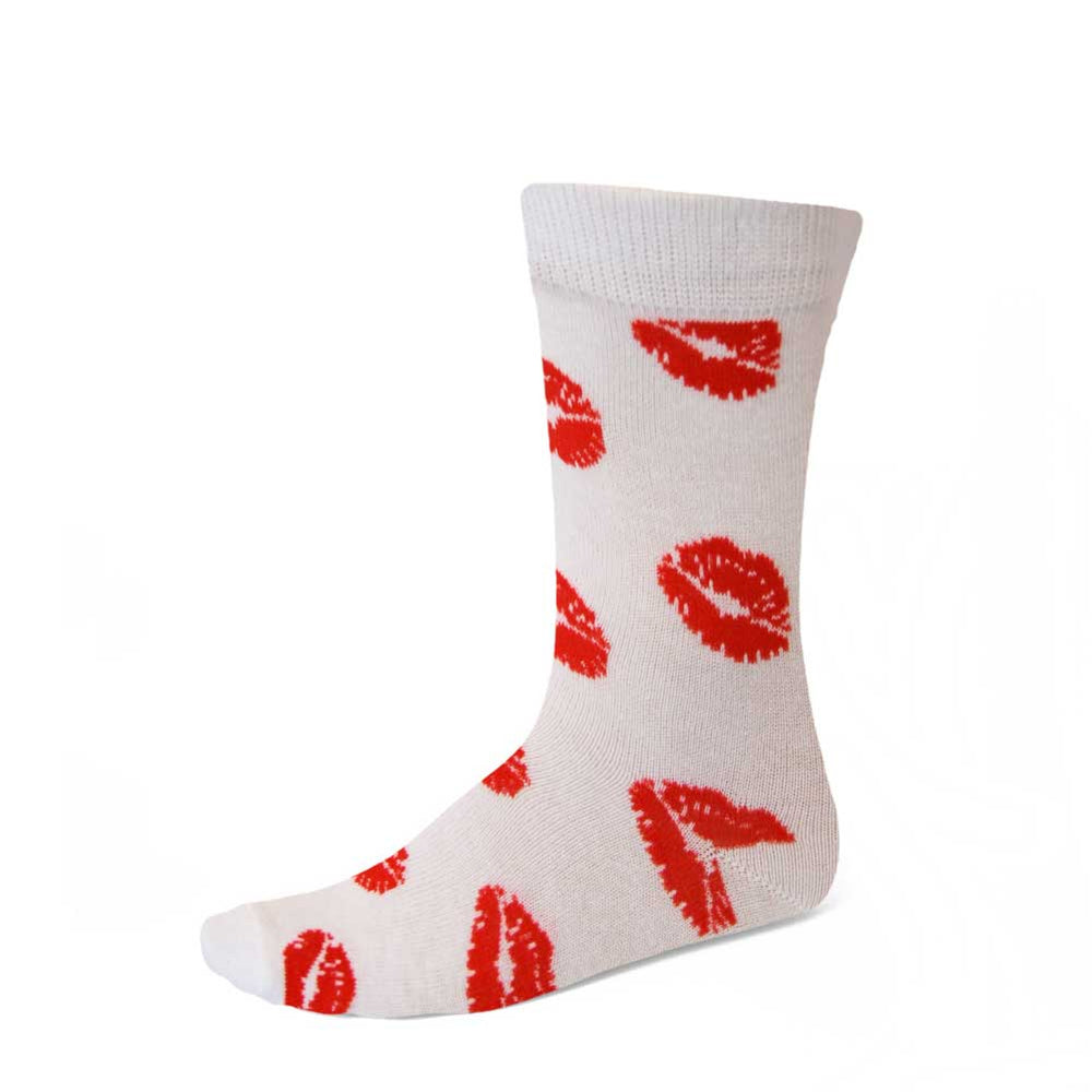 Women's red kisses theme socks on white background
