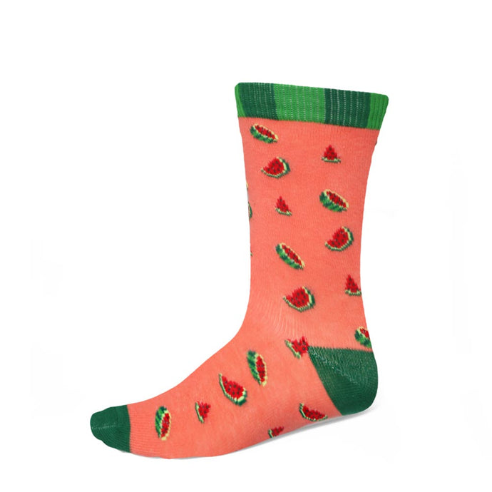 Women's watermelon design socks on a coral background