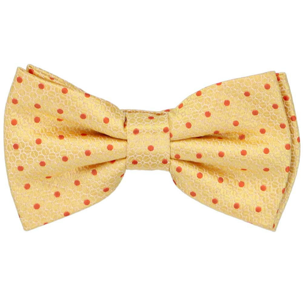 Yellow pre-tied bow tie with small orange polka dots
