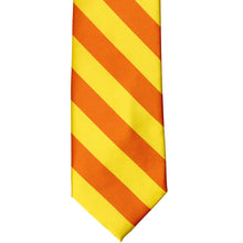 Load image into Gallery viewer, The front of a yellow and orange striped tie, laid out flat