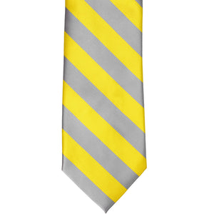 Yellow and silver striped tie, front view laid out flat