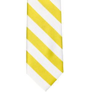 The front of a yellow and white striped tie