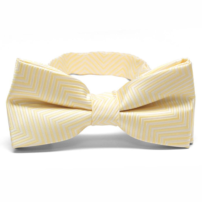 Light yellow and white chevron striped bow tie, front view