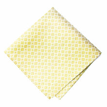 Load image into Gallery viewer, A folded soft yellow pocket square with a white trellis pattern